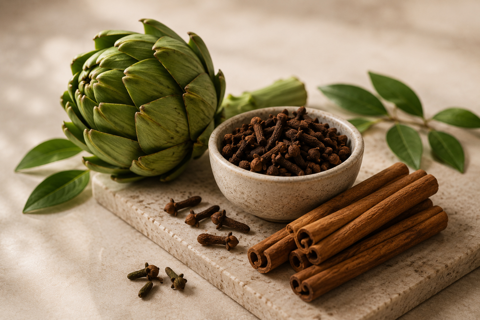 Ingredientes botánicos: alcachofa, canela, clavo y jengibre